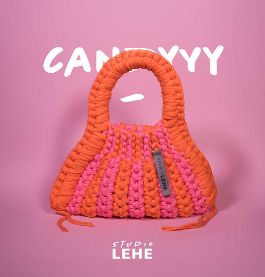Pink-orange gehäkelte Tasche mit Rundform aus recyceltem Garn – Modell Candyyy